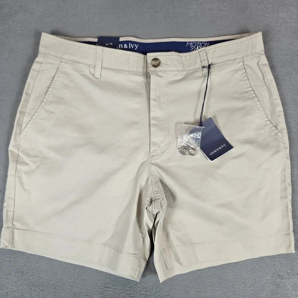 Crown & Ivy Men's Motion Flex Khaki Chino Shorts Size 36 Stretch Classic Casual